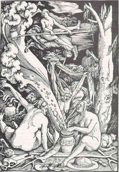 A black and white etching of naked witches summoning a demon in the forest