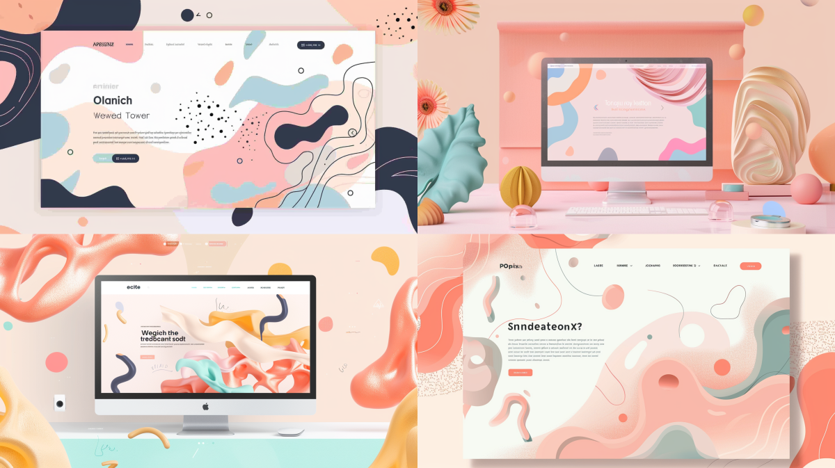 Four images of pastel-colored webpage designs featuring abstract shapes