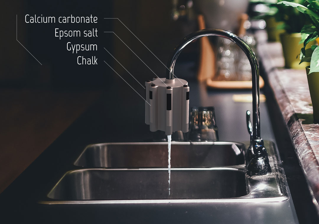 3D rendering of a high-tech water filter on a kitchen sink