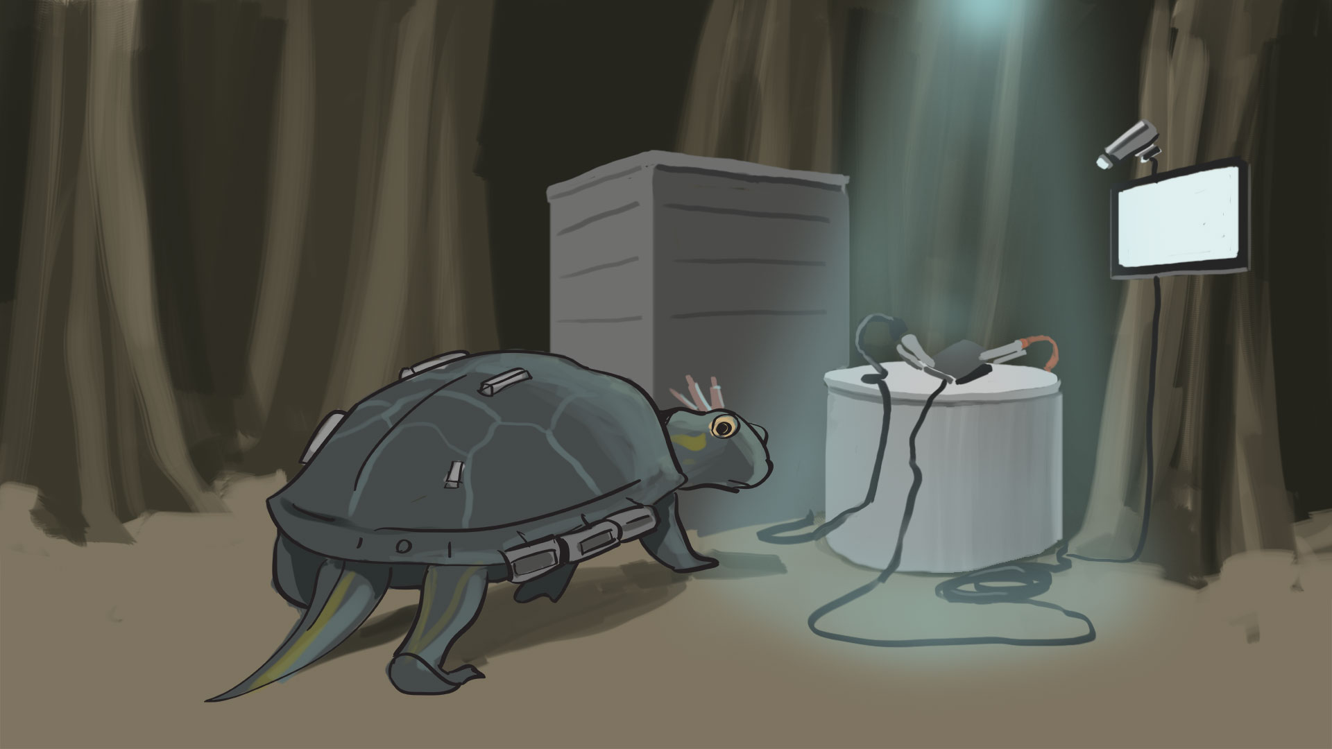 A digital illustration of a turtle approaching computer hardware