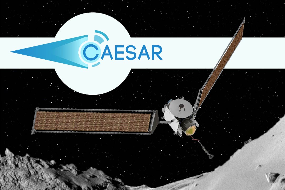 A spacecraft and blue teal logo reading CAESAR with intersecting rings.