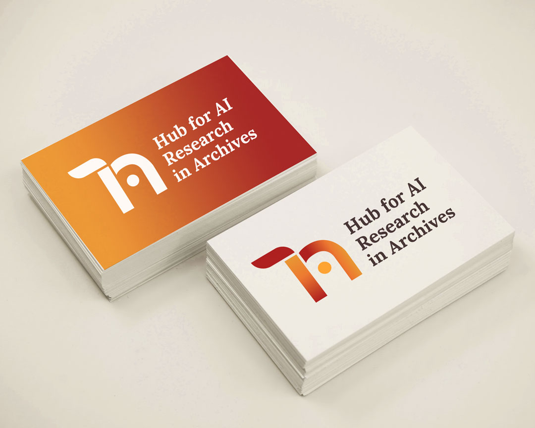 Red and orange logo on stacks of business cards