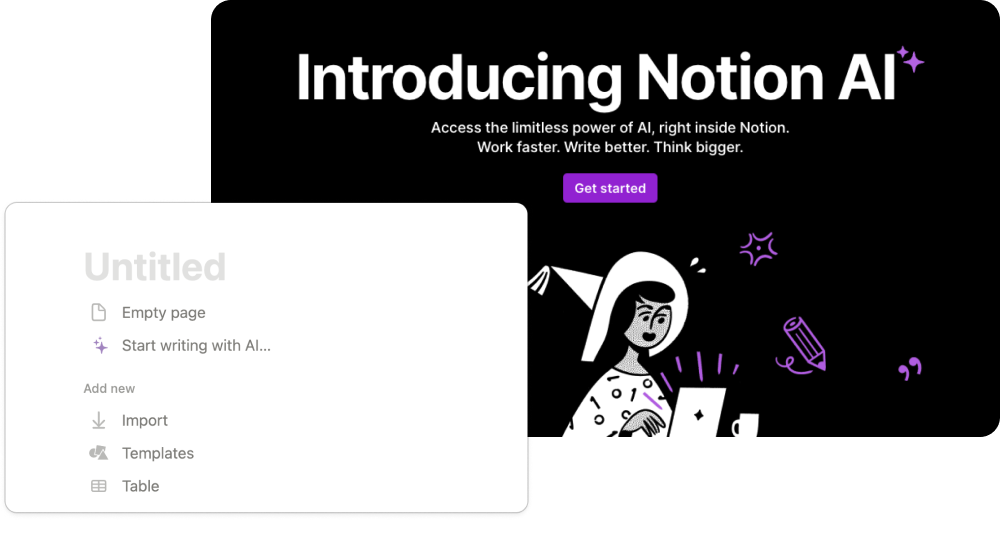 Screenshots showing the sparkle icon and illustrations of a witch used to advertise the AI features of the Notion app
