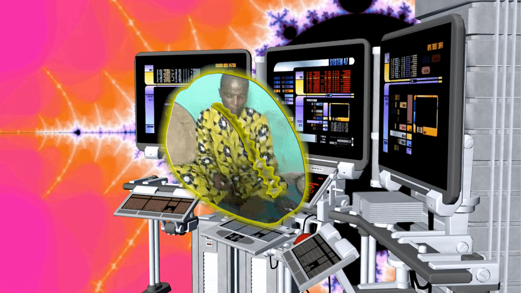 An orange and pink fractal with 3D imagery of computers and a portal opening to reveal an African person in traditional clothing.