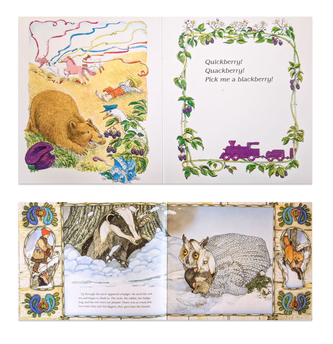 A grid of page scans from illustrated picture books